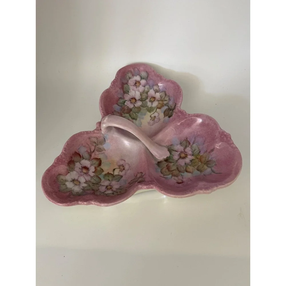 Vintage 1983 Hand Painted Floral Ceramic 3-Section Candy Dish Iridescent Pink